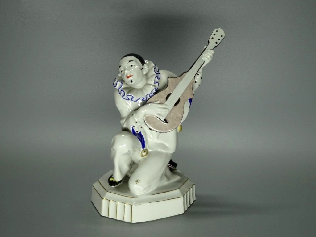 Antique Harlequin & Guitar Porcelain Figurine Original Katzhutte Germany 20th Art Statue Dec #Rr34
