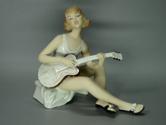 Vintage Guitar Girl Porcelain Figurine Original Wallendorf Germany 20th Art Statue Dec #Rr52
