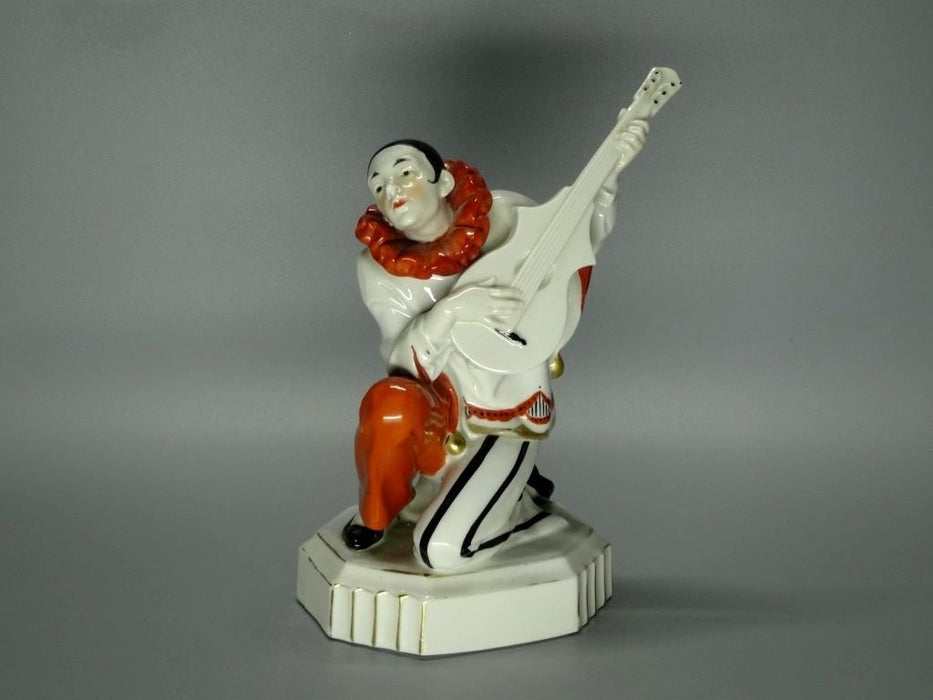 Antique Guitar Harlequin Porcelain Figurine Original Katzhutte Germany 20th Art Statue Dec #Rr149