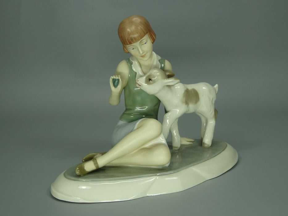 Antique Goat Girl Porcelain Figurine Original Royal Dux CZECH REPUBLIC  20th Art Statue Dec #Rr157