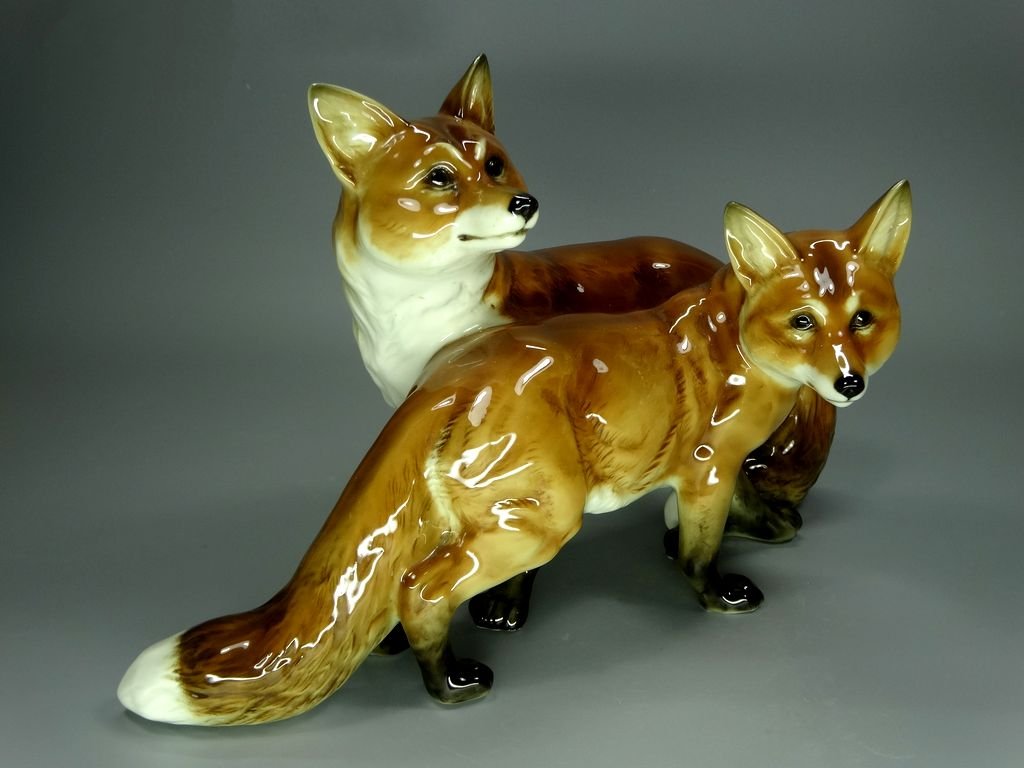 Vintage Pair Of Foxes Porcelain Figurine Original Hutschenreuther Germany 20th Art Statue Dec #Rr193