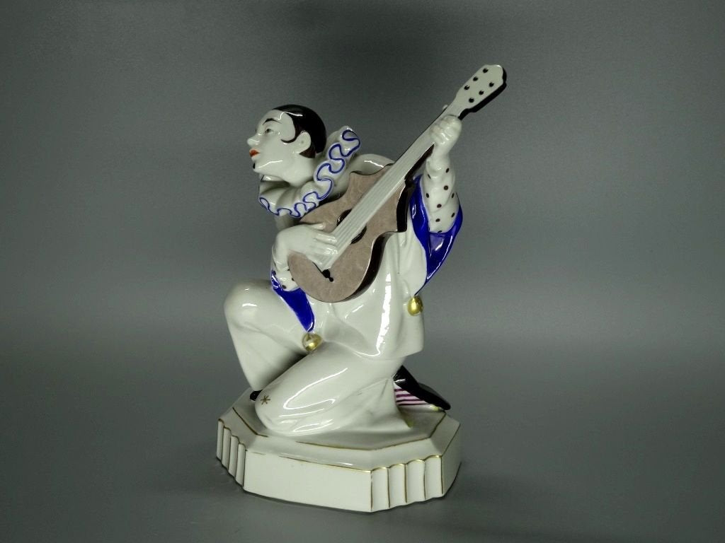 Antique Harlequin & Guitar Porcelain Figurine Original Katzhutte Germany 20th Art Statue Dec #Rr34