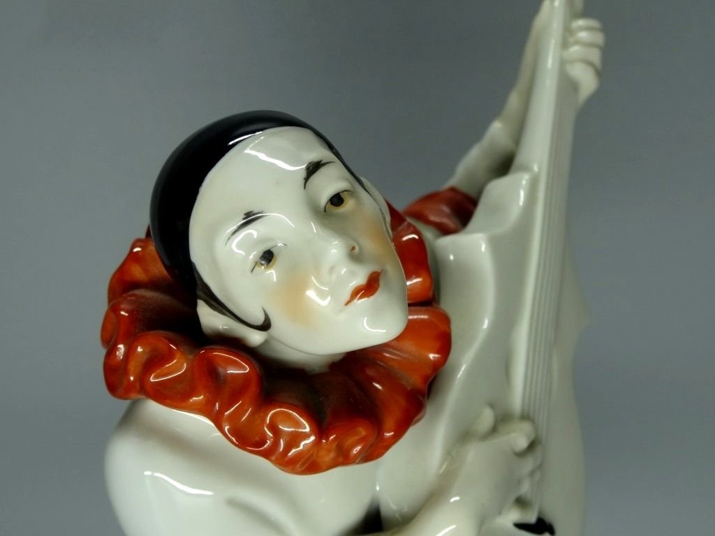 Antique Guitar Harlequin Porcelain Figurine Original Katzhutte Germany 20th Art Statue Dec #Rr149
