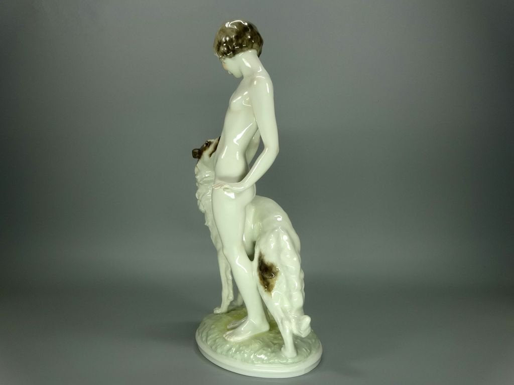 Vintage Girl & Greyhound Porcelain Figurine Original Hutschenreuther Germany 20th Art Statue Dec #Rr178