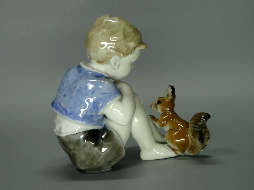 Vintage Boy & Squirrel Porcelain Figurine Original Rosenthal Germany 20th Art Sculpture Dec #Rr11
