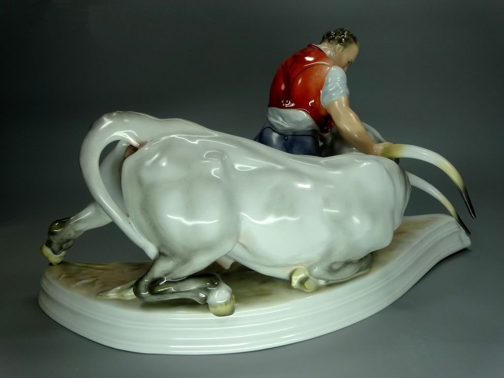 Vintage XL Bull Fight Porcelain Figurine Original Herend Germany 20th Art Statue Dec #Rr169