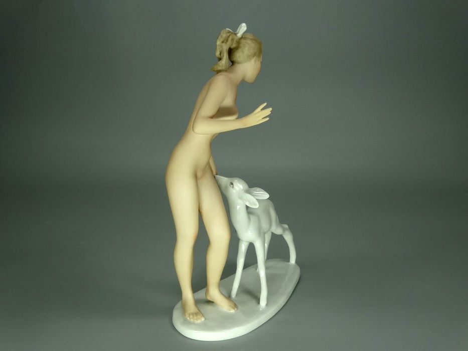 Vintage Girl & Fawn Porcelain Figurine Original Wallendorf Germany 20th Art Statue Dec #Rr238