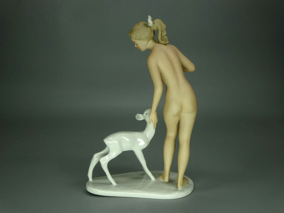 Vintage Girl & Fawn Porcelain Figurine Original Wallendorf Germany 20th Art Statue Dec #Rr238