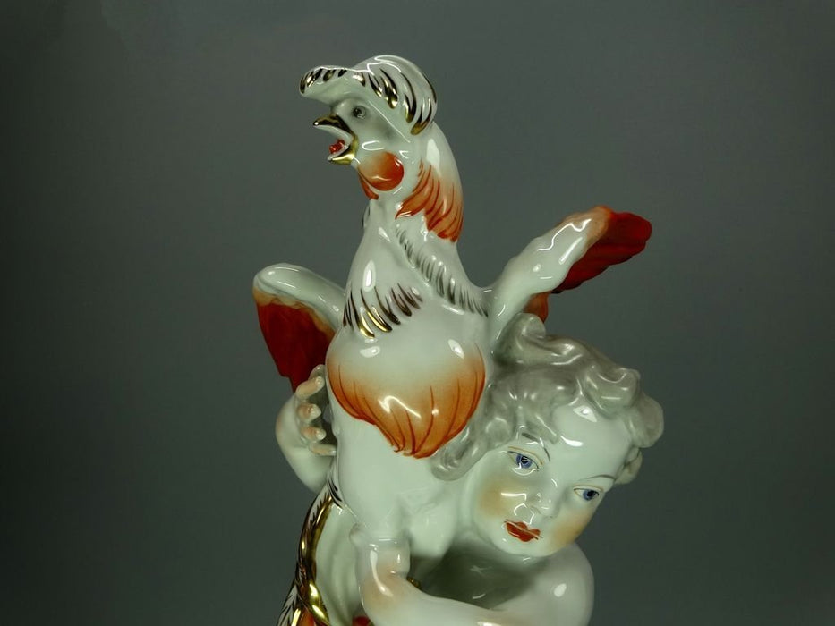 Vintage Porcelain Roosters & Kids Figurine Original Kammer Germany 20th Art Statue Dec #Rr255