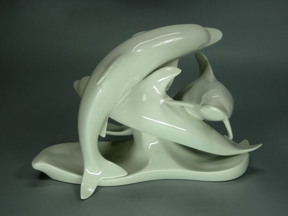Vintage White Dolphins Porcelain Figurine Original Dresden Germany 20th Art Statue Dec #Rr235