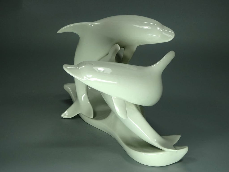 Vintage White Dolphins Porcelain Figurine Original Dresden Germany 20th Art Statue Dec #Rr235