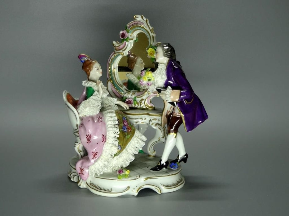 Vintage Porcelain Lacy Visit Lady Mirror Figurine Volkstedt Germany Art Sculpture #Jj