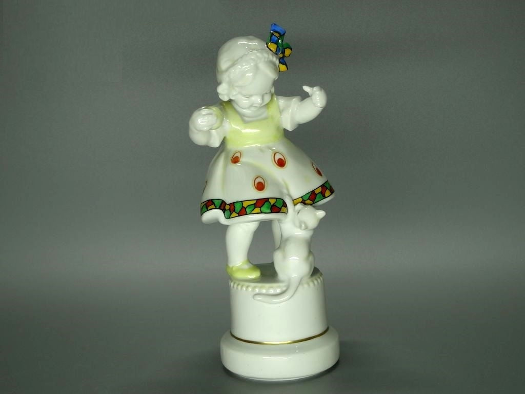 Antique Cute Girl & Cat Porcelain Figurine Original Katzhutte Art Sculpture Decor #Ru687