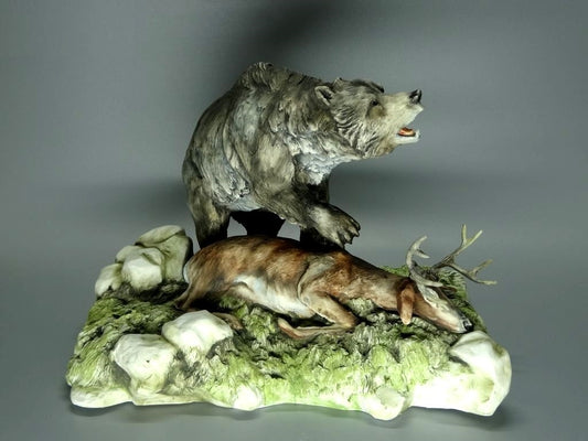 Vintage Encroachment Overcome Bear Hunt Deer Porcelain Figure Kaiser Art Decor #Ru27