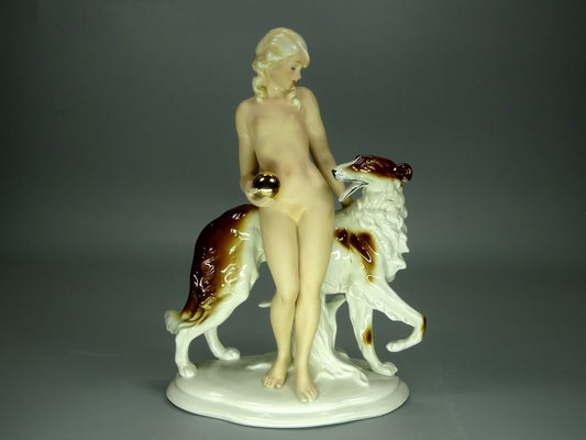 Vintage Nude & Dog Porcelain Figurine Original Fasold&Stauch 20th Art Sculpture Dec #Ru900