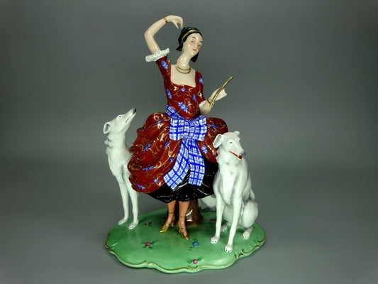 Antique Lady Mirror & Dogs Porcelain Figurine Original Fraureuth Art Sculpture #Ru735