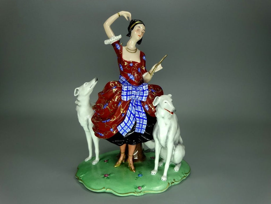 Antique Lady Mirror & Dogs Porcelain Figurine Original Fraureuth Art Sculpture #Ru735