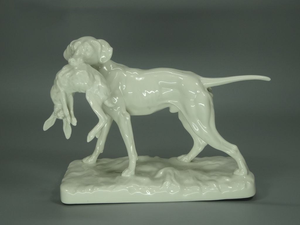 Vintage Dog Hunting Rabbit Porcelain Figurine Original Nymphenburg Germany 20th Art Sculpture Dec #Ru985