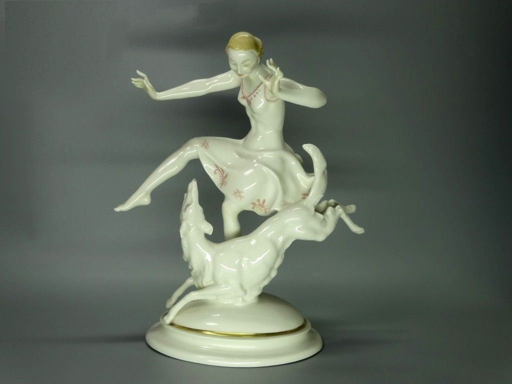 Antique Girl & Dog Joy Of Life Porcelain Figurine Hutschenreuthe Sculpture Decor #Ru130