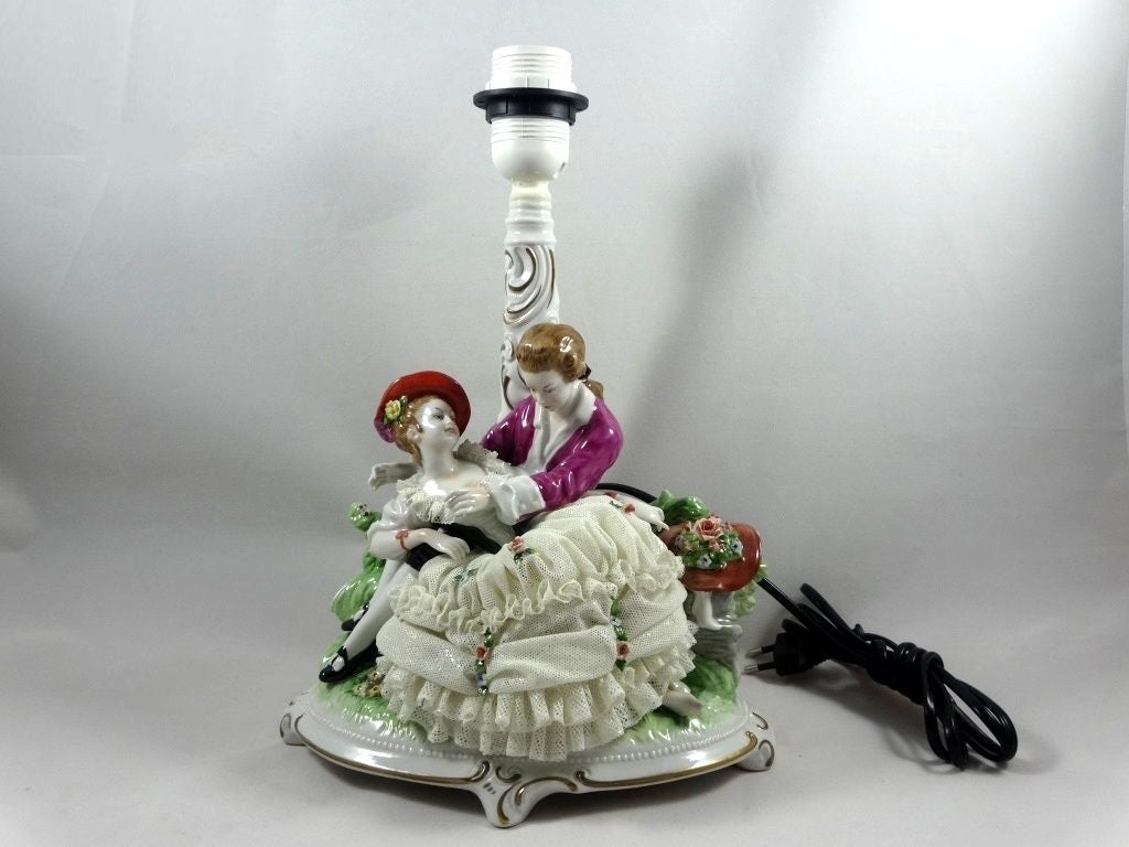 Vintage Romantic Couple Original Unterweissbach Porcelain Figure Art Lamp Decor #Ru541