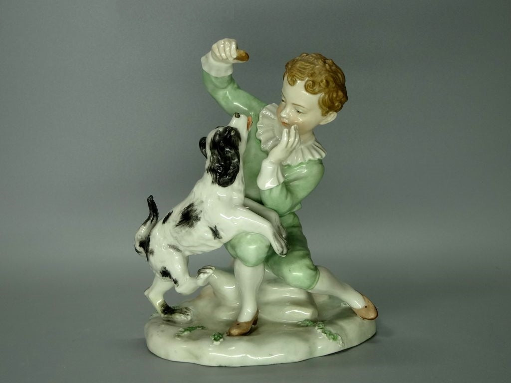 Antique Dog & Boy Friends Porcelain Figurine Original Passau Art Sculpture Decor #Ru362