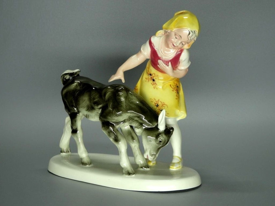 Vintage Girl & Little Bull Original Katzhutte Porcelain Figurine Art Sculpture #Ru435