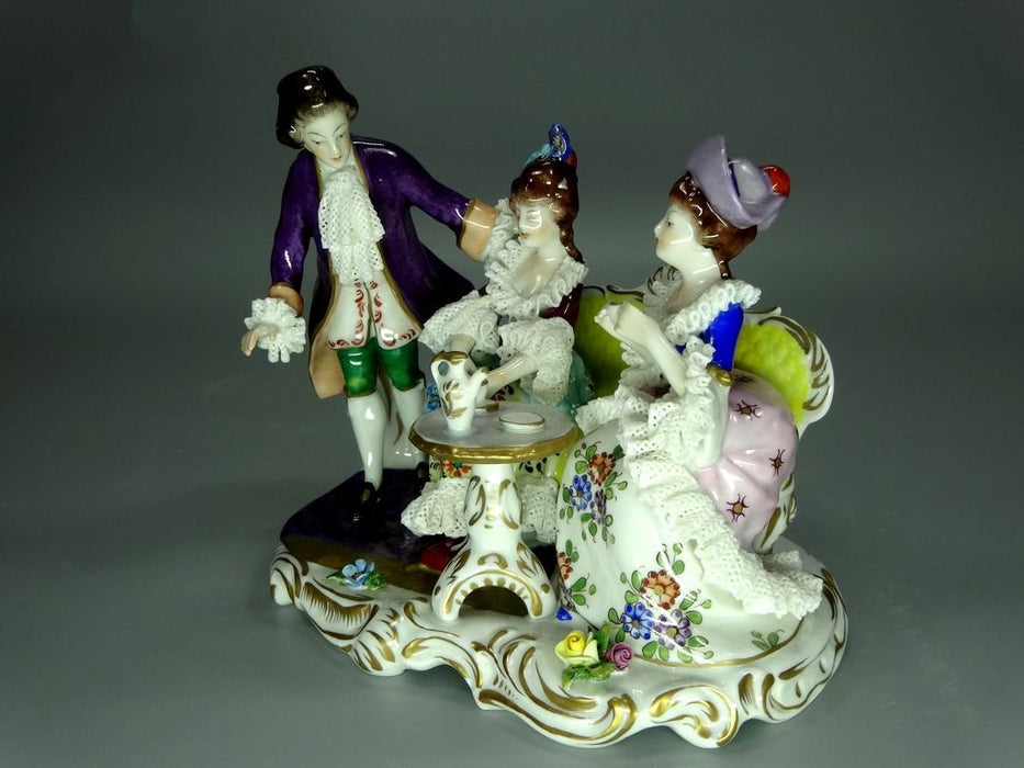 Vintage Tea Party Porcelain Figurine Original Volkstedt 20th Art Sculpture Dec #Ru885