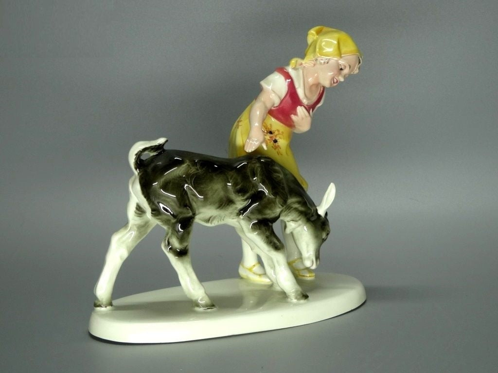 Vintage Girl & Little Bull Original Katzhutte Porcelain Figurine Art Sculpture #Ru435