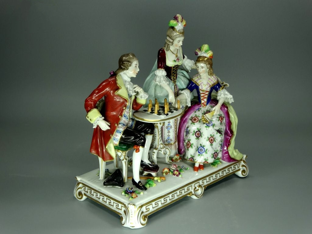 Antique Playing Chess Porcelain Figurine Original Frankenthal 18th Art Sculpture Decor #Ru863