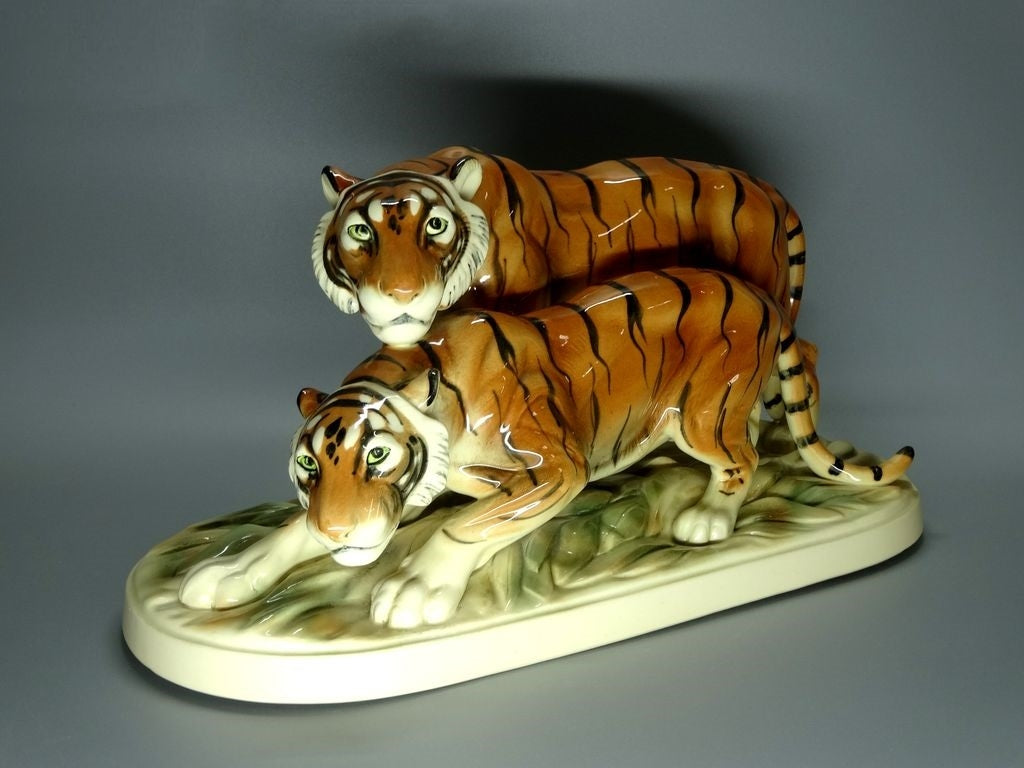 Antique Porcelain Pair Of Tigers Ceramic Figurine Katzhutte Germany Art Statue #M13
