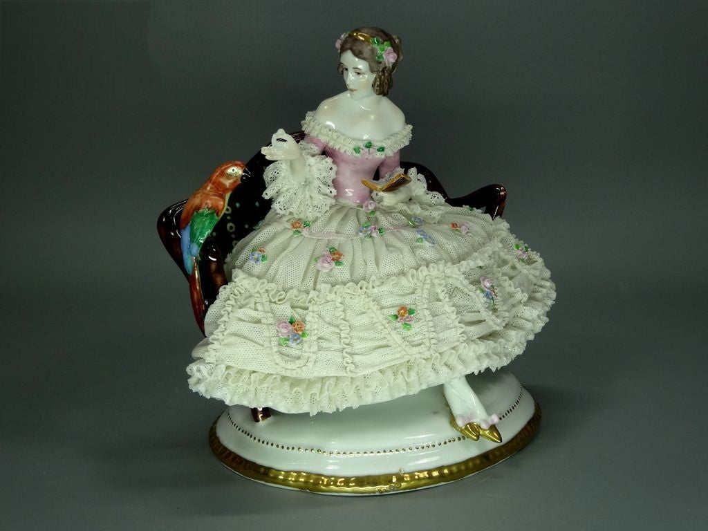 Antique Lace Lady & Parrot Original Muller&Co Porcelain Figure Art Statue Decor #Ru583
