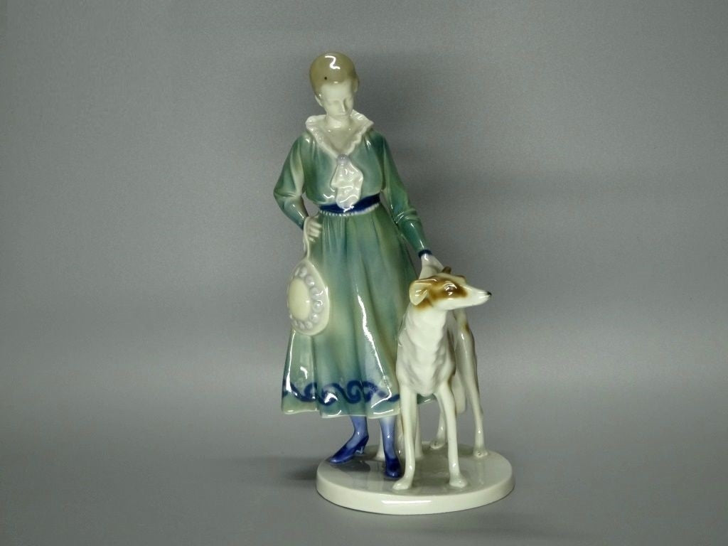 Antique Dog & Lady Walk Original Wilhelms Feld Porcelain Figure Art Statue Decor #Ru482