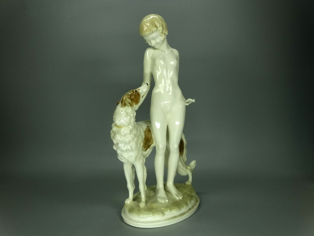 Antique Girl With Greyhound Porcelain Figurine Original Hutschenreuther Art Sculpture #Ru740