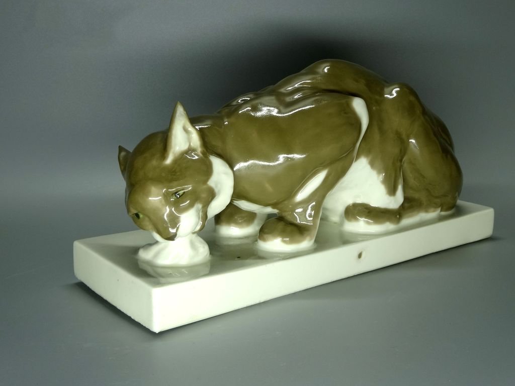 Antique Lynx Cat Porcelain Figurine Original Schwarzburger Germany 20th Art Sculpture Dec #Ru991