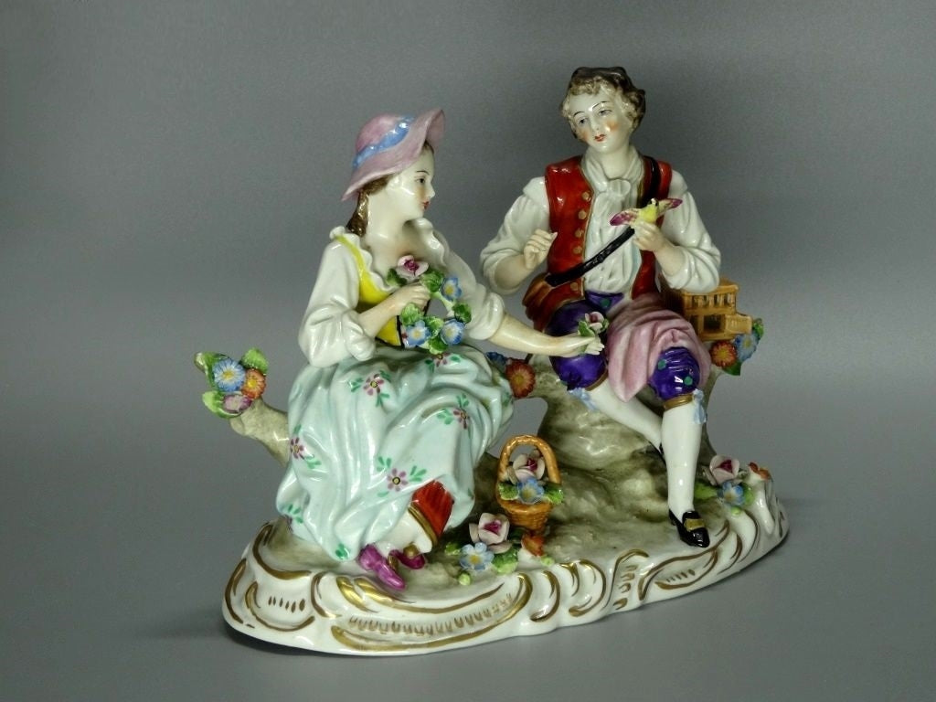 Antique Birdman & Shepherdess Porcelain Figure Sitzendorf Germany Art Sculpture #Ru145