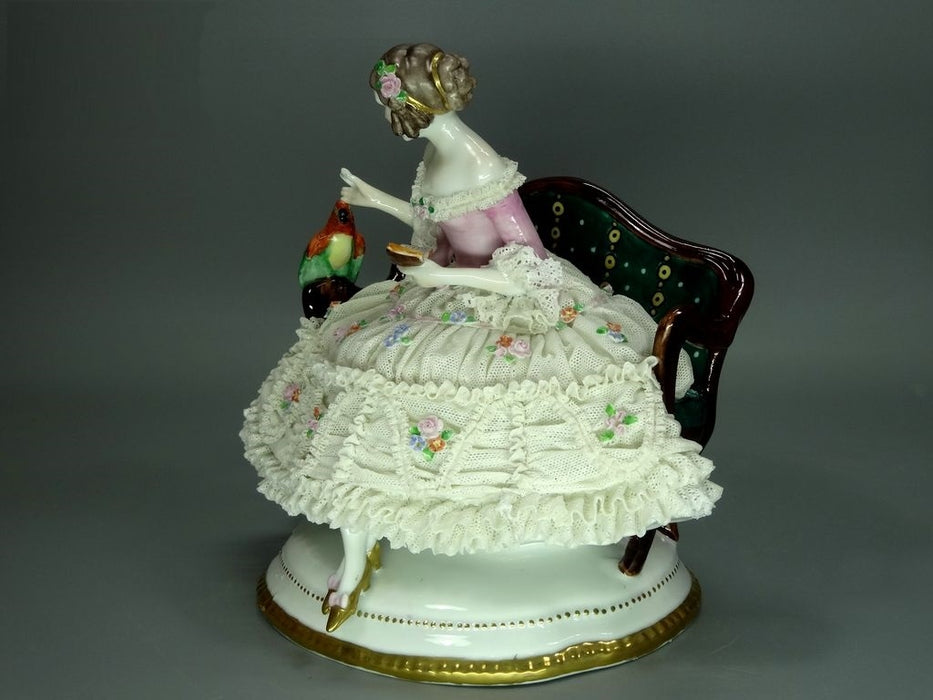 Antique Lace Lady & Parrot Original Muller&Co Porcelain Figure Art Statue Decor #Ru583