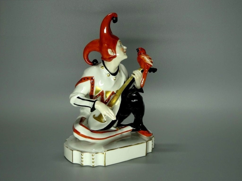 Antique Jester With Parrot Original Katzhutte 20th Porcelain Figurine Sculpture #Ru276