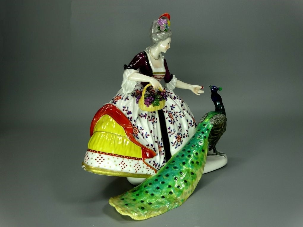 Antique Beauty Lady & Peacock Porcelain Figurine Original KARL ENS Art Statue #Ru642