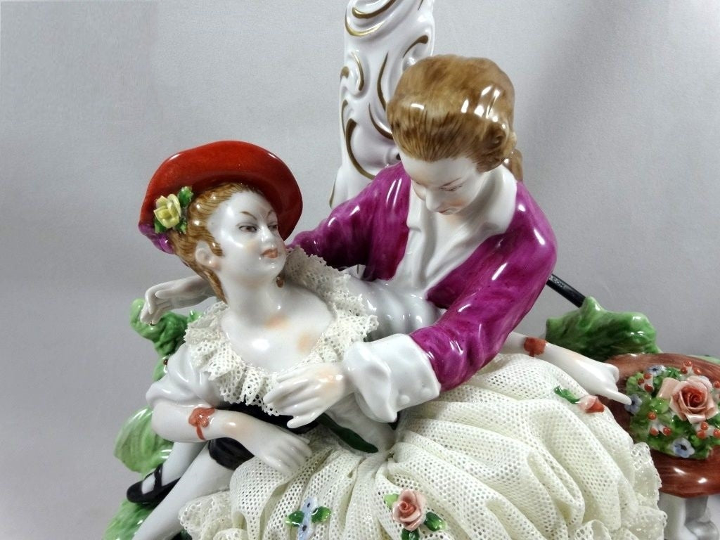 Vintage Romantic Couple Original Unterweissbach Porcelain Figure Art Lamp Decor #Ru541
