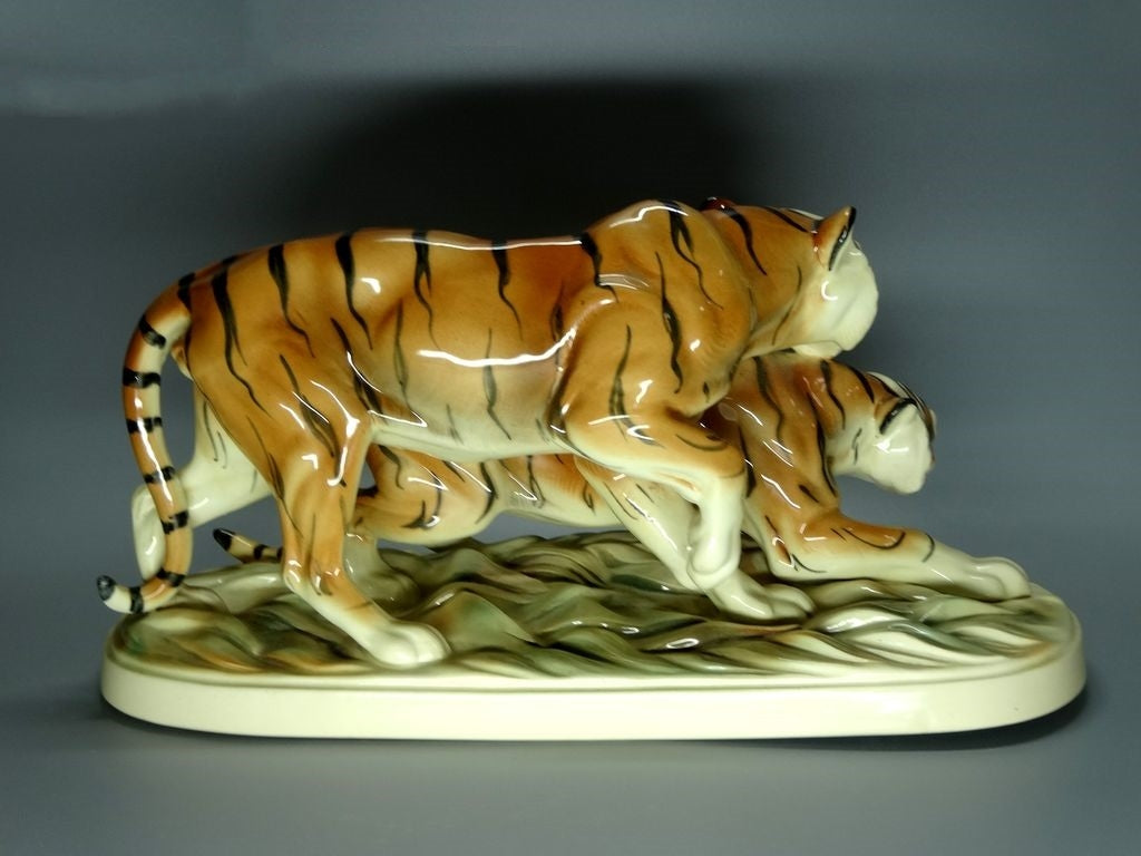 Antique Porcelain Pair Of Tigers Ceramic Figurine Katzhutte Germany Art Statue #M13