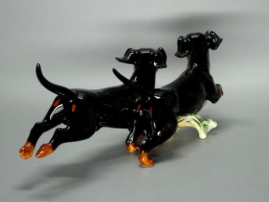 Vintage Running Dachshunds Black Dogs Porcelain Figure Goebel Germany Sculpture #Ru143