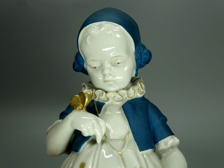 Antique Girl With Butterfly Porcelain Figurine Original Katzhutte 20th Art Sculpture Dec #Ru892
