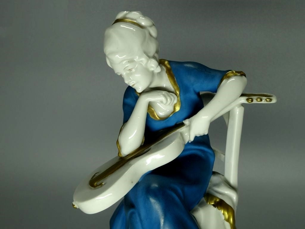 Antique Romance Blue Lady Guitar Porcelain Figurine Katzhutte Germany STatue #K11
