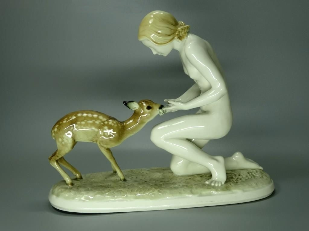 Vintage Nude Girl & Deer Original Hutschenreuther Porcelain Figurine Art Statue #Ru503