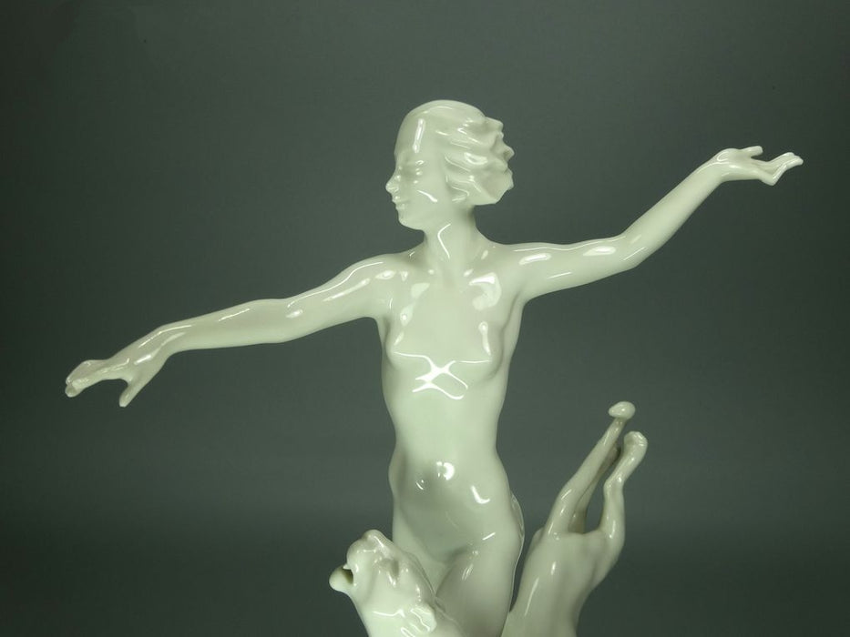 Vintage Girl With Cheetahs Porcelain Figurine Original Hutschenreuther Art Sculpture #Ru716