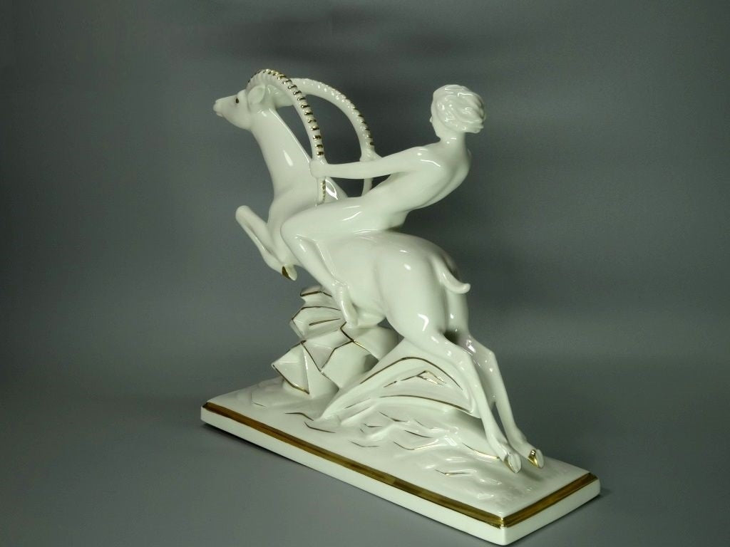 Antique Nude Girl Riding A Goat Porcelain Figurine Original Art Sculpture Decor #Ru311