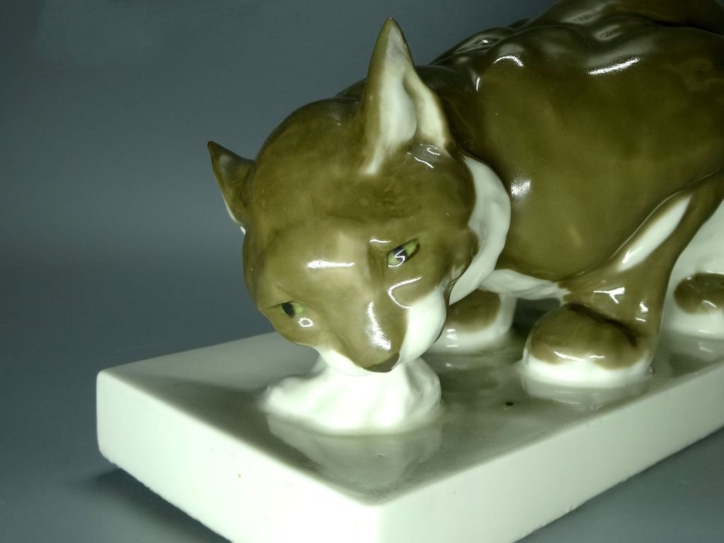 Antique Lynx Cat Porcelain Figurine Original Schwarzburger Germany 20th Art Sculpture Dec #Ru991